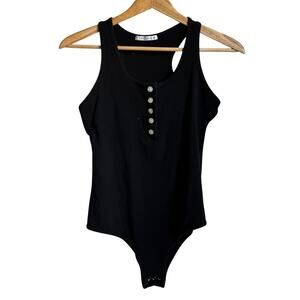 Reoria Black Ribbed Button Front Bodysuit Size M